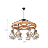 Wood Suspension Wagon Wheel Chandelier for Dining Hall - 6/8-Light Ceiling Fixture with Wire Cage